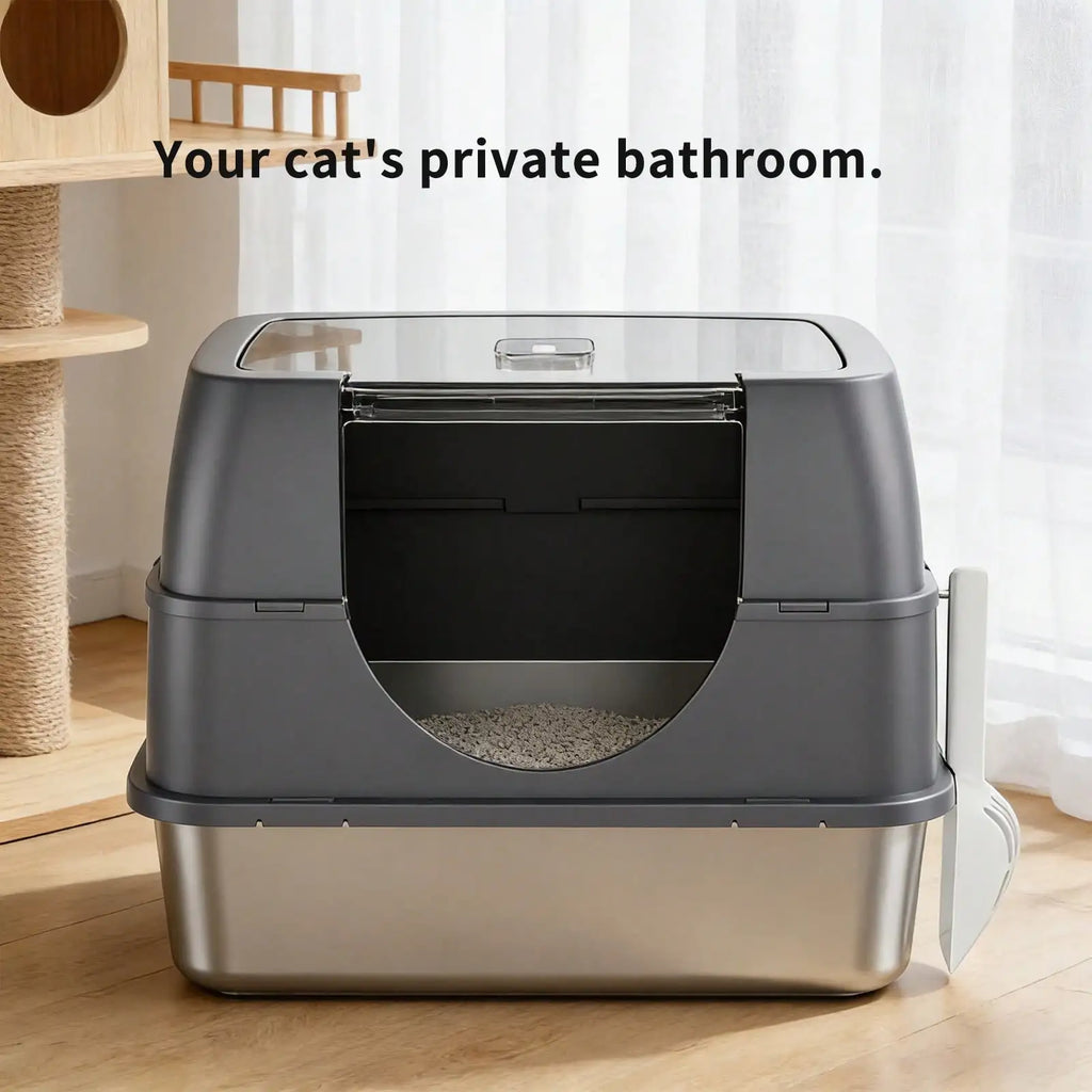 Extra Large Stainless Steel Litter Box with Lid, Mat and Scoop
