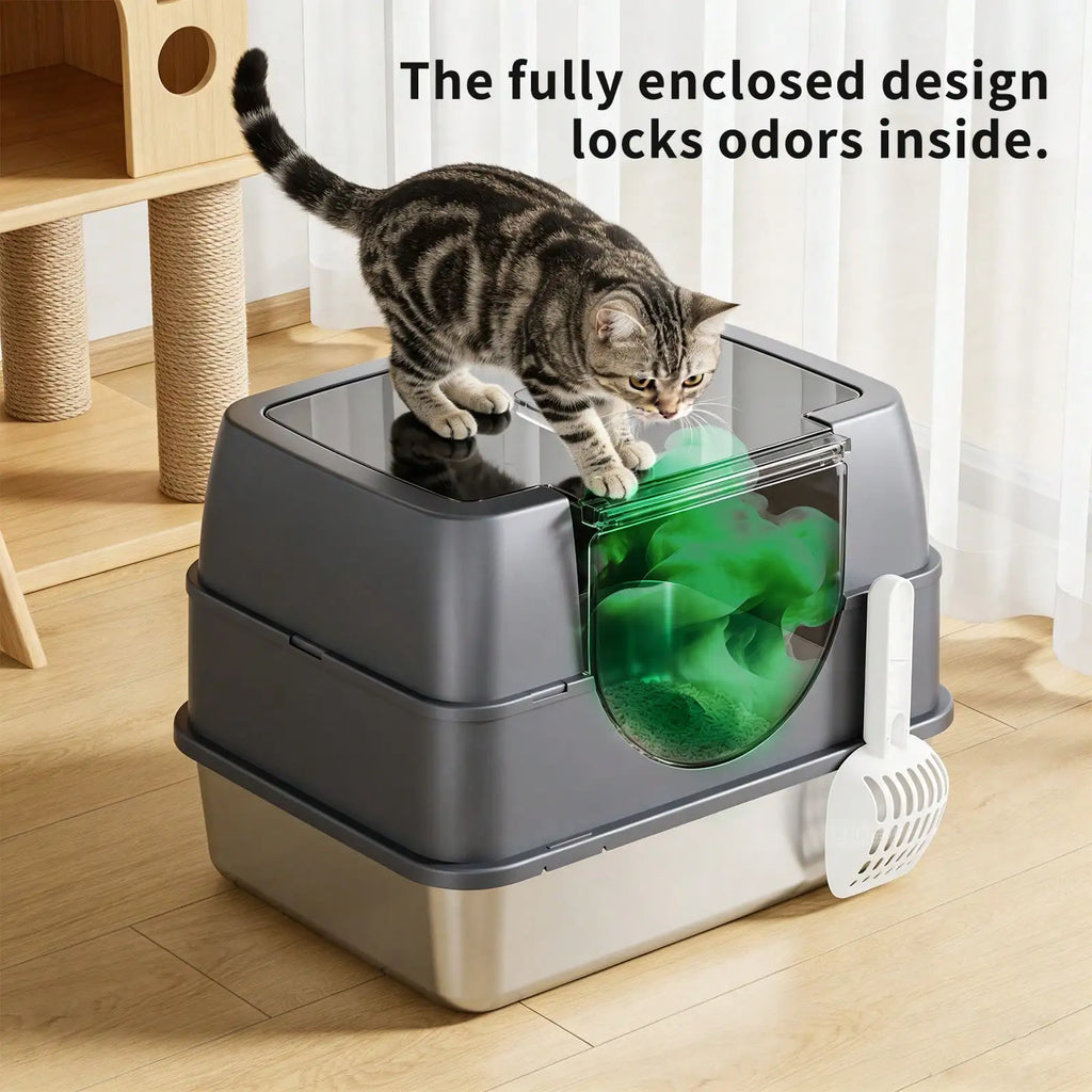 Extra Large Stainless Steel Litter Box with Lid, Mat and Scoop