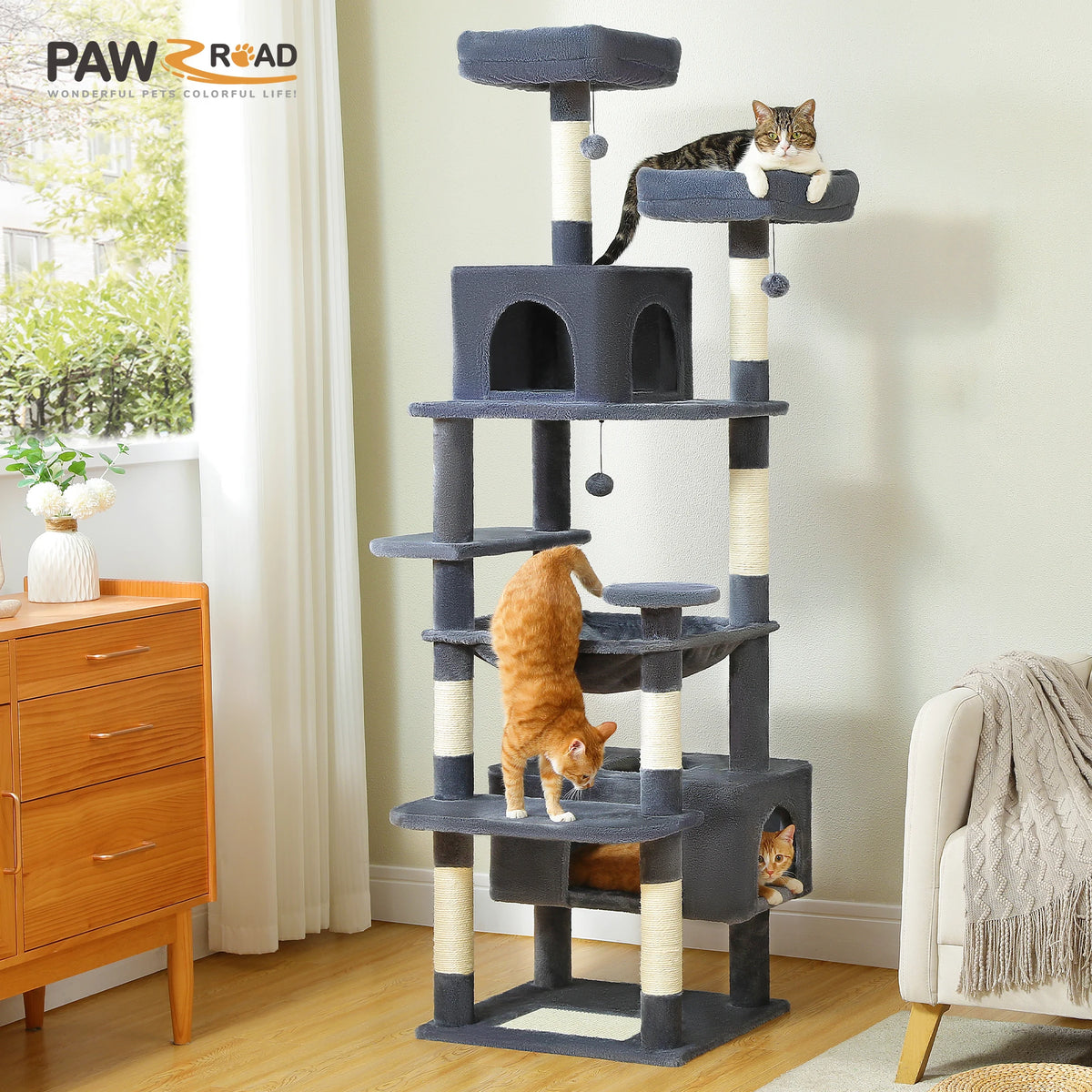 Large Cat Tree, 72 in Tower with Hammock, Condos and Sisal Posts