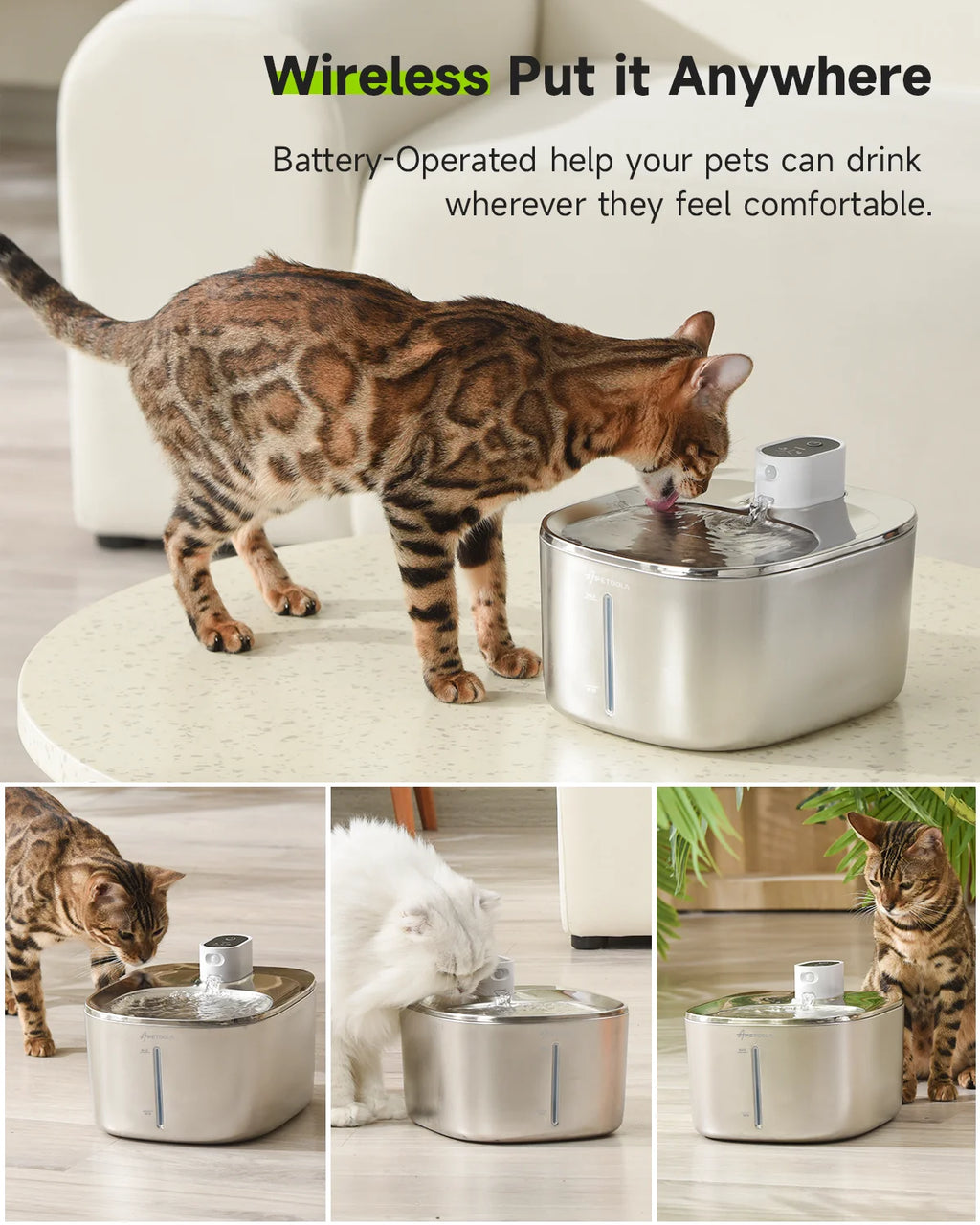 Wireless Cat Water Fountain, 4L Stainless Steel with Motion Sensor