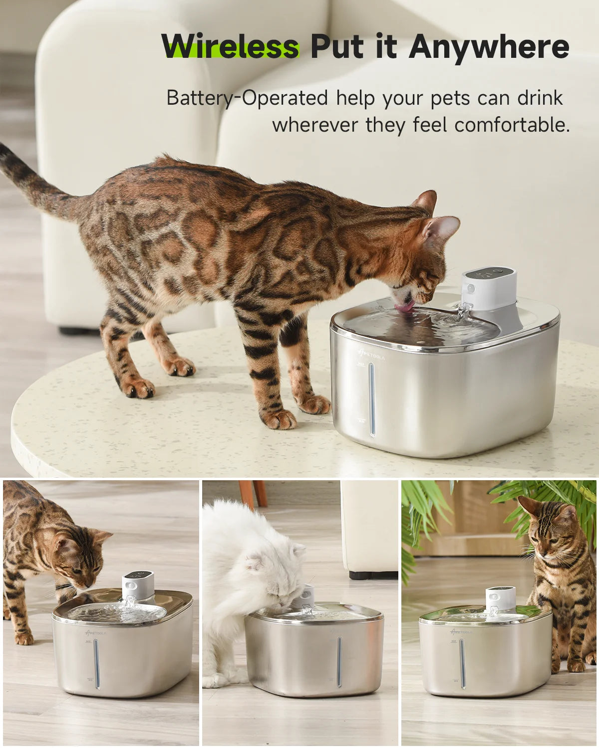 Wireless Cat Water Fountain, 4L Stainless Steel with Motion Sensor