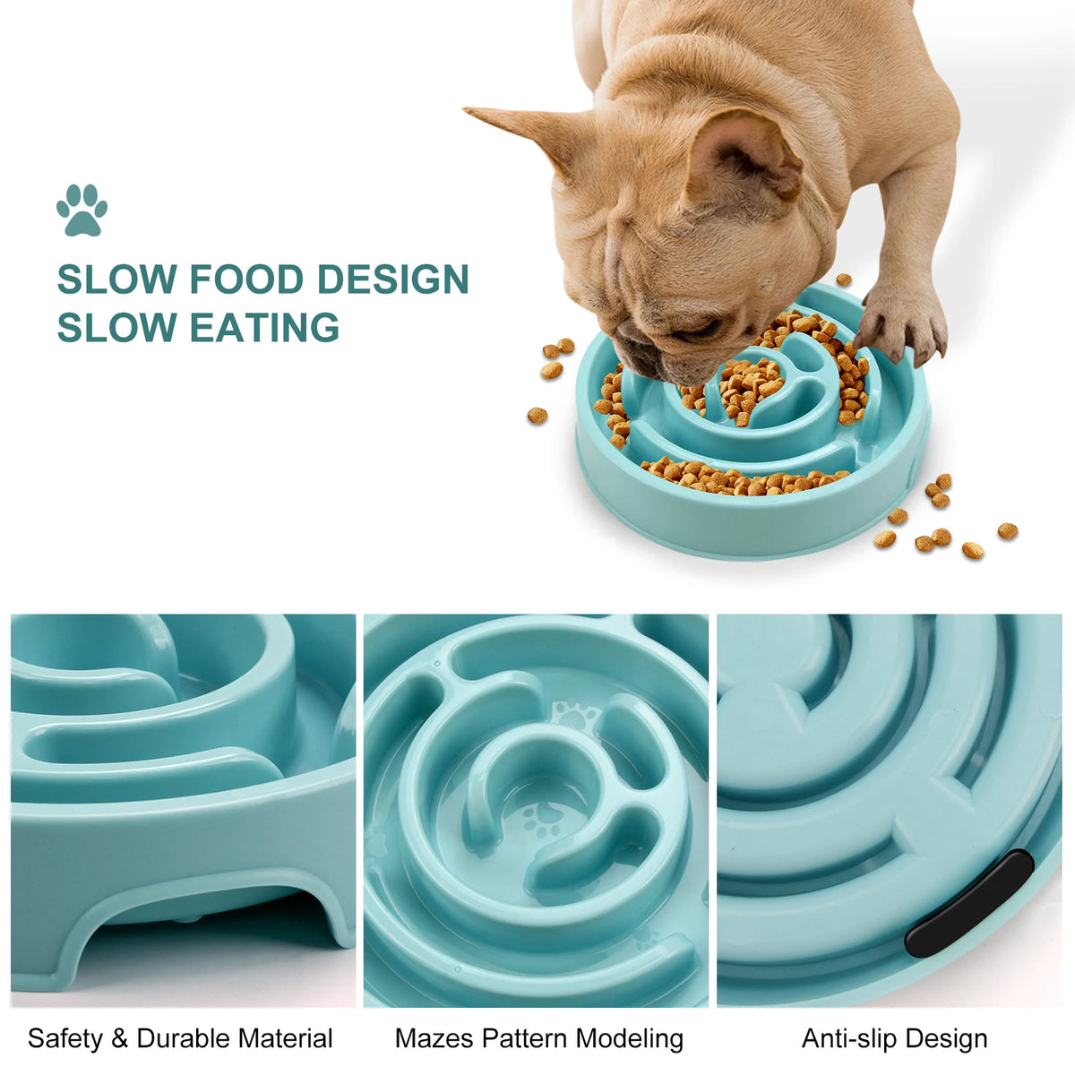 Dog eating from slow feeder bowl
