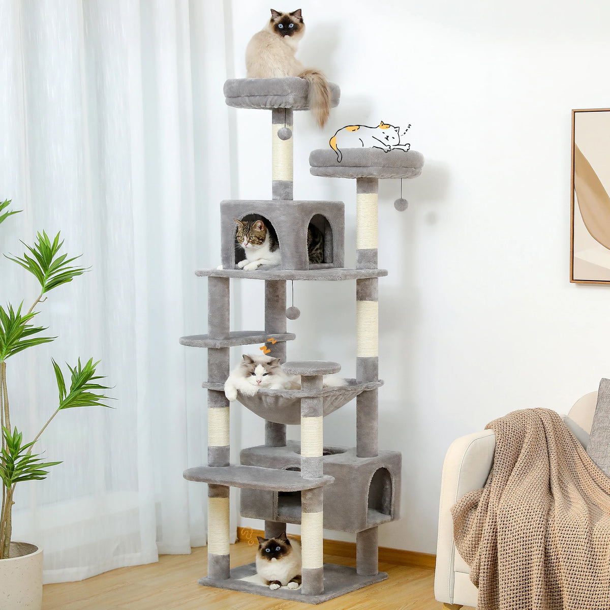 Large Cat Tree, 72 in Tower with Hammock, Condos and Sisal Posts