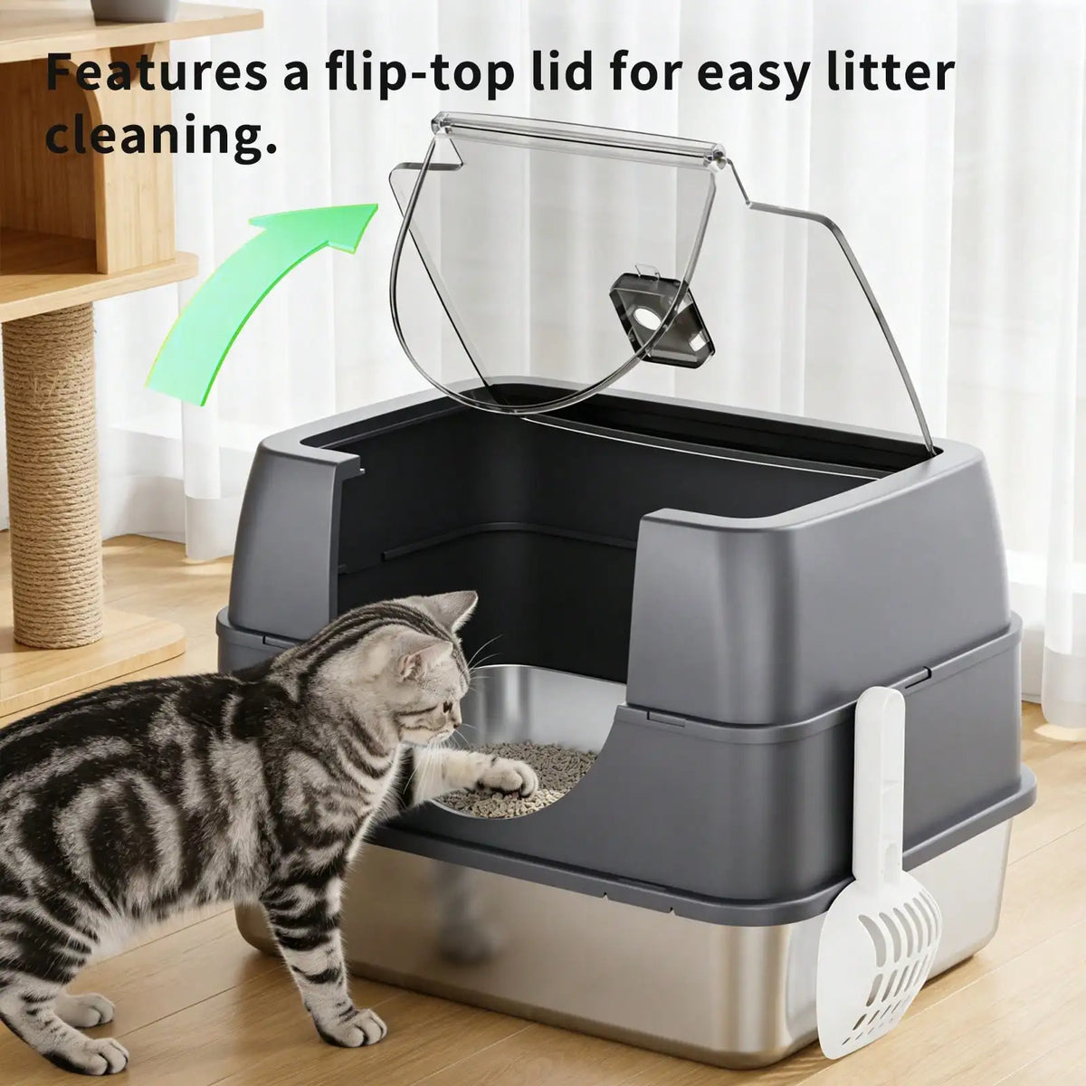 Extra Large Stainless Steel Litter Box with Lid, Mat and Scoop