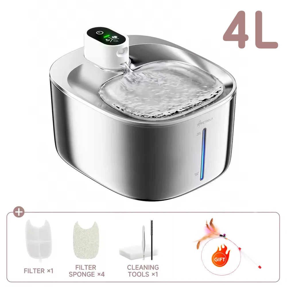 Wireless Cat Water Fountain, 4L Stainless Steel with Motion Sensor