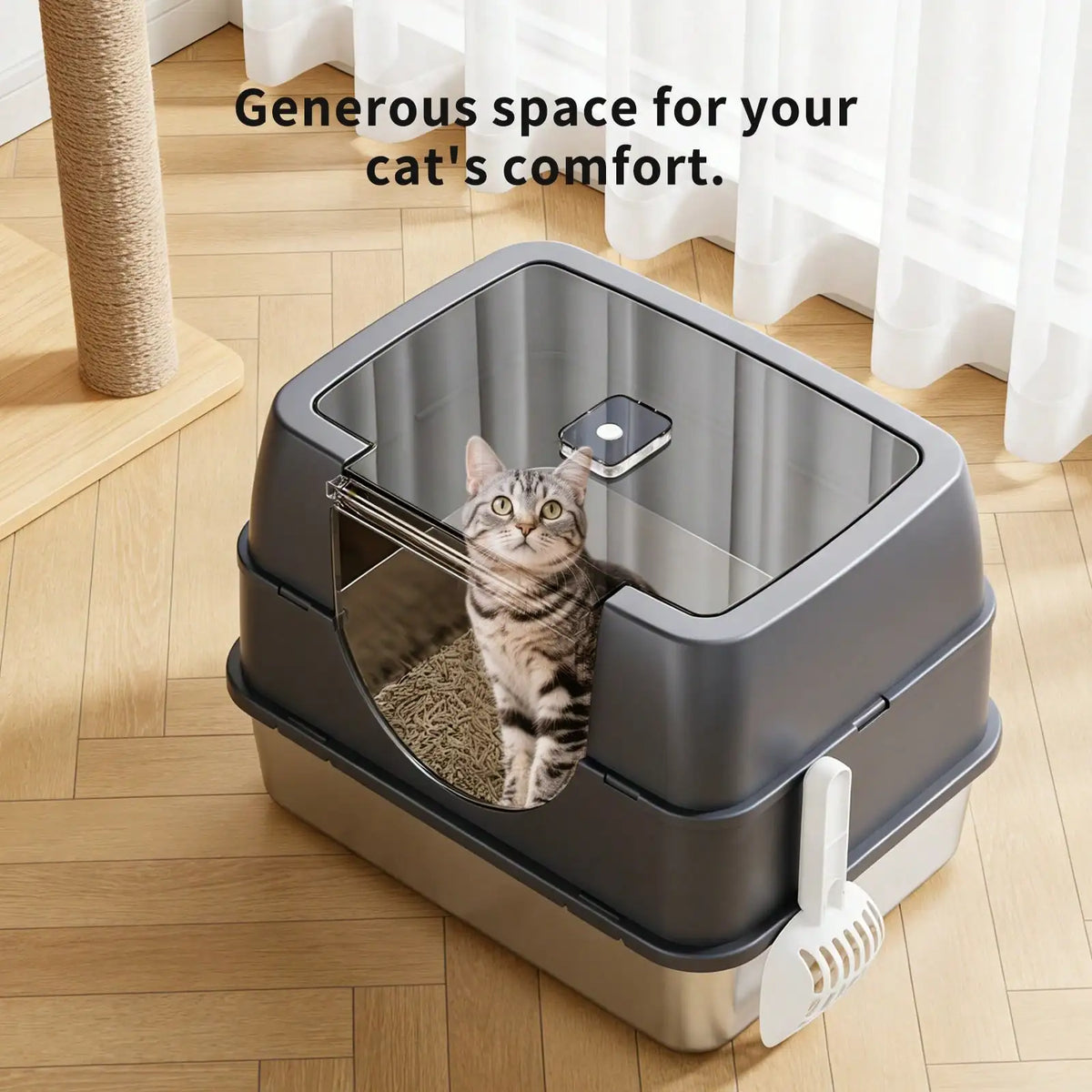 Extra Large Stainless Steel Litter Box with Lid, Mat and Scoop